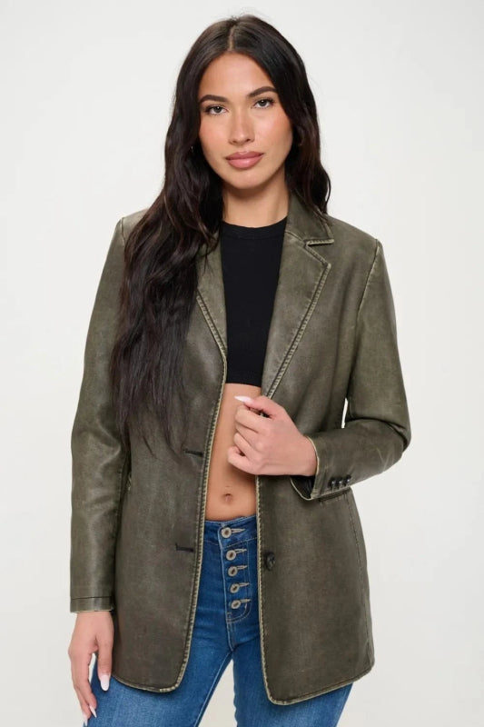 Coalition LA Single - Breasted Vegan Leather Blazer - ShalayeFashion