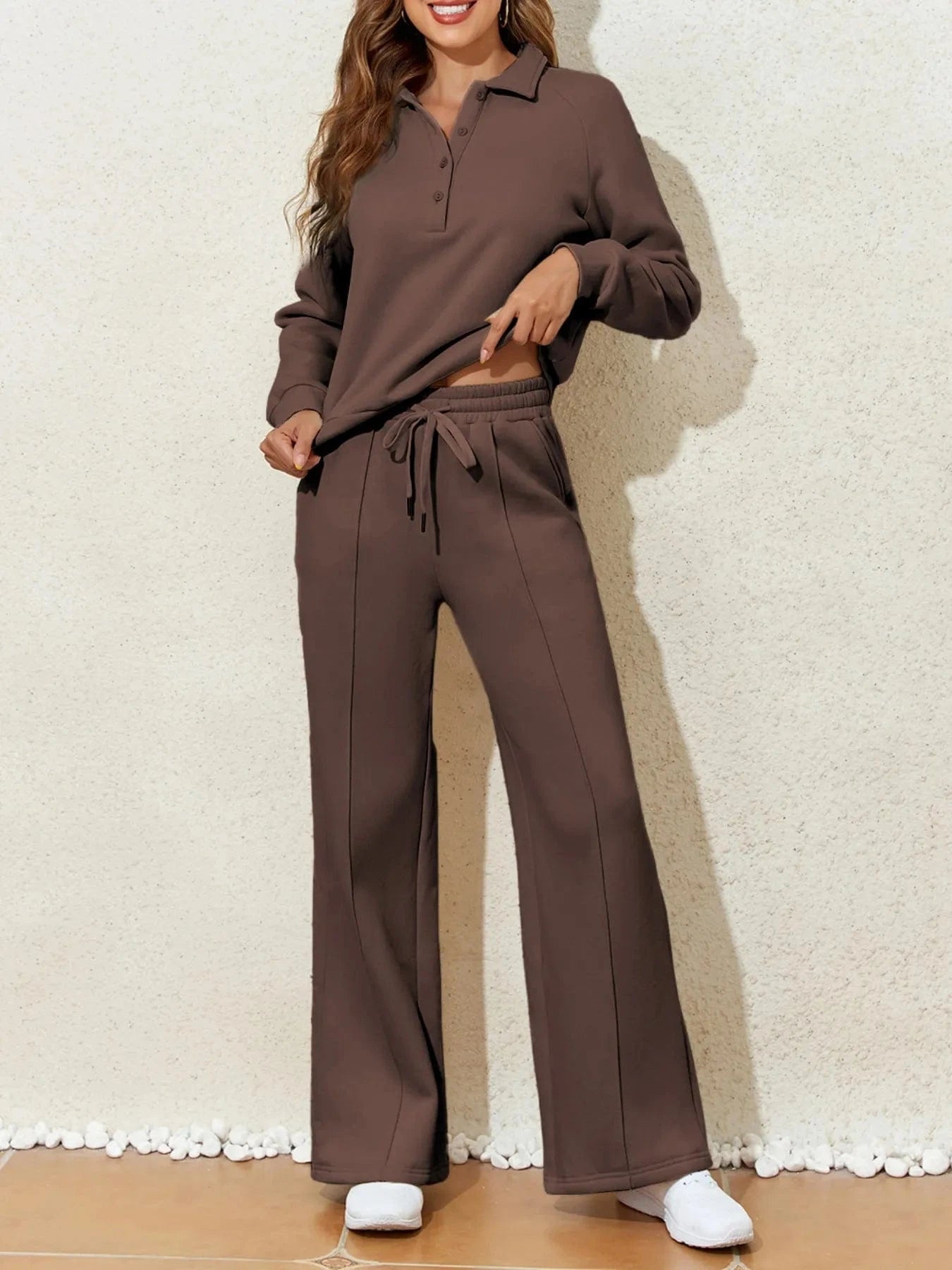 Collared Sweatshirt and High Waist Pants Active Set - ShalayeFashion