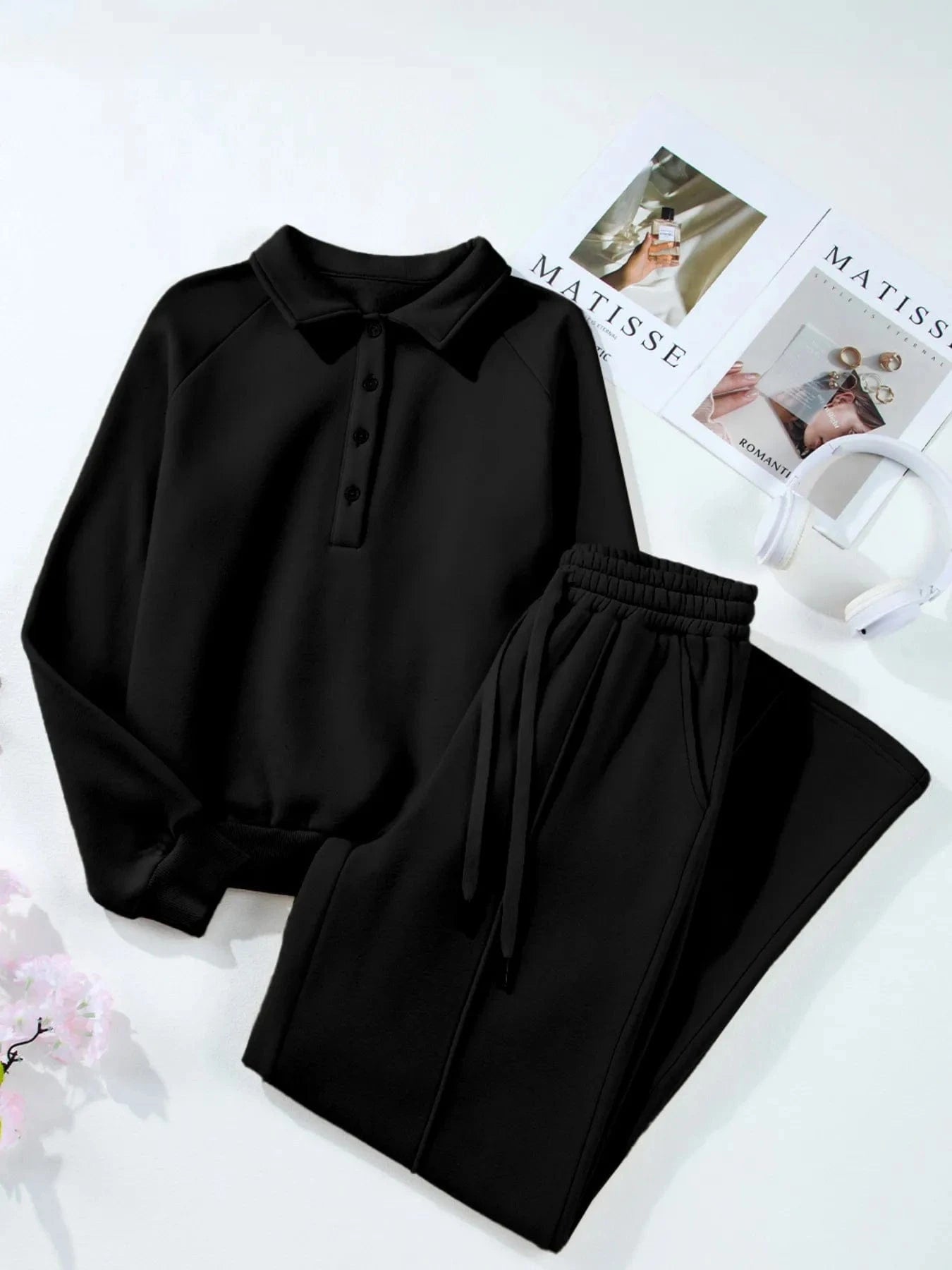 Collared Sweatshirt and High Waist Pants Active Set - ShalayeFashion