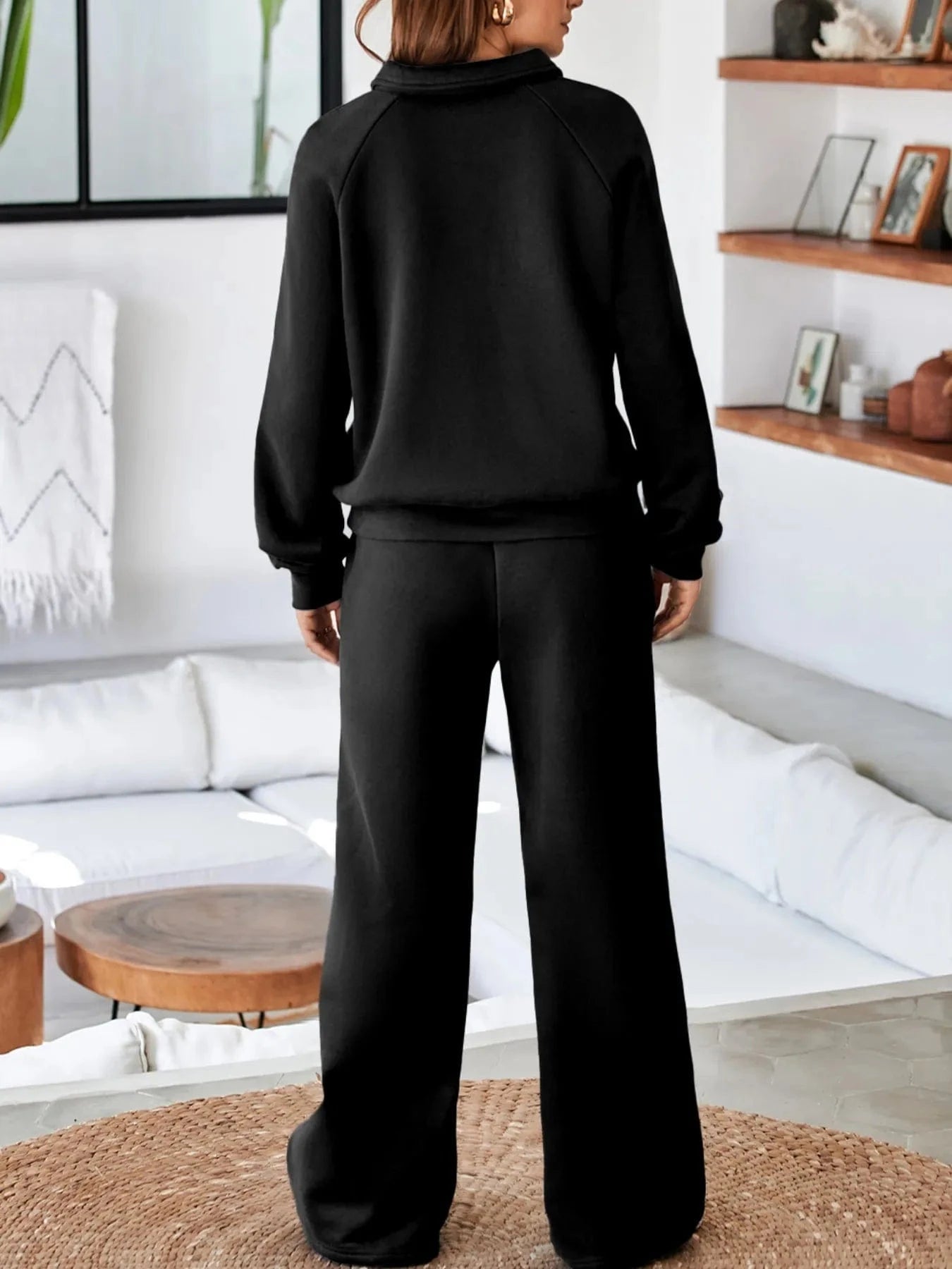 Collared Sweatshirt and High Waist Pants Active Set - ShalayeFashion