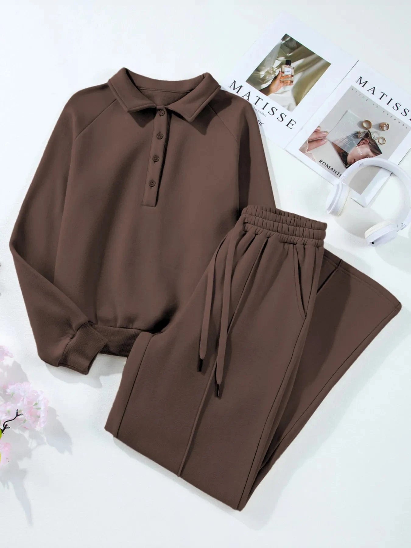 Collared Sweatshirt and High Waist Pants Active Set - ShalayeFashion