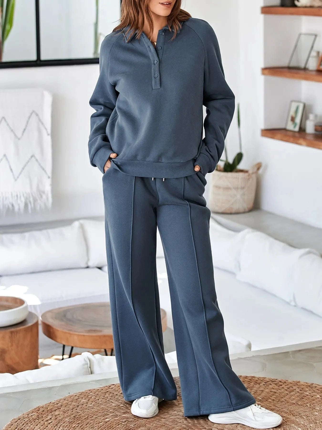 Collared Sweatshirt and High Waist Pants Active Set - ShalayeFashion