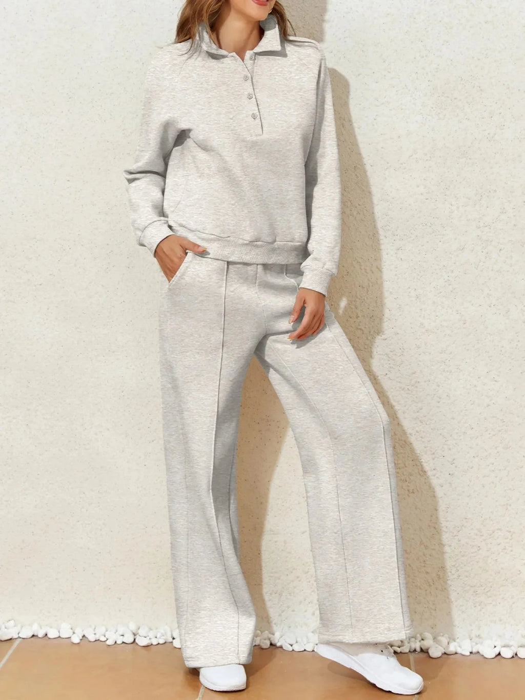 Collared Sweatshirt and High Waist Pants Active Set - ShalayeFashion