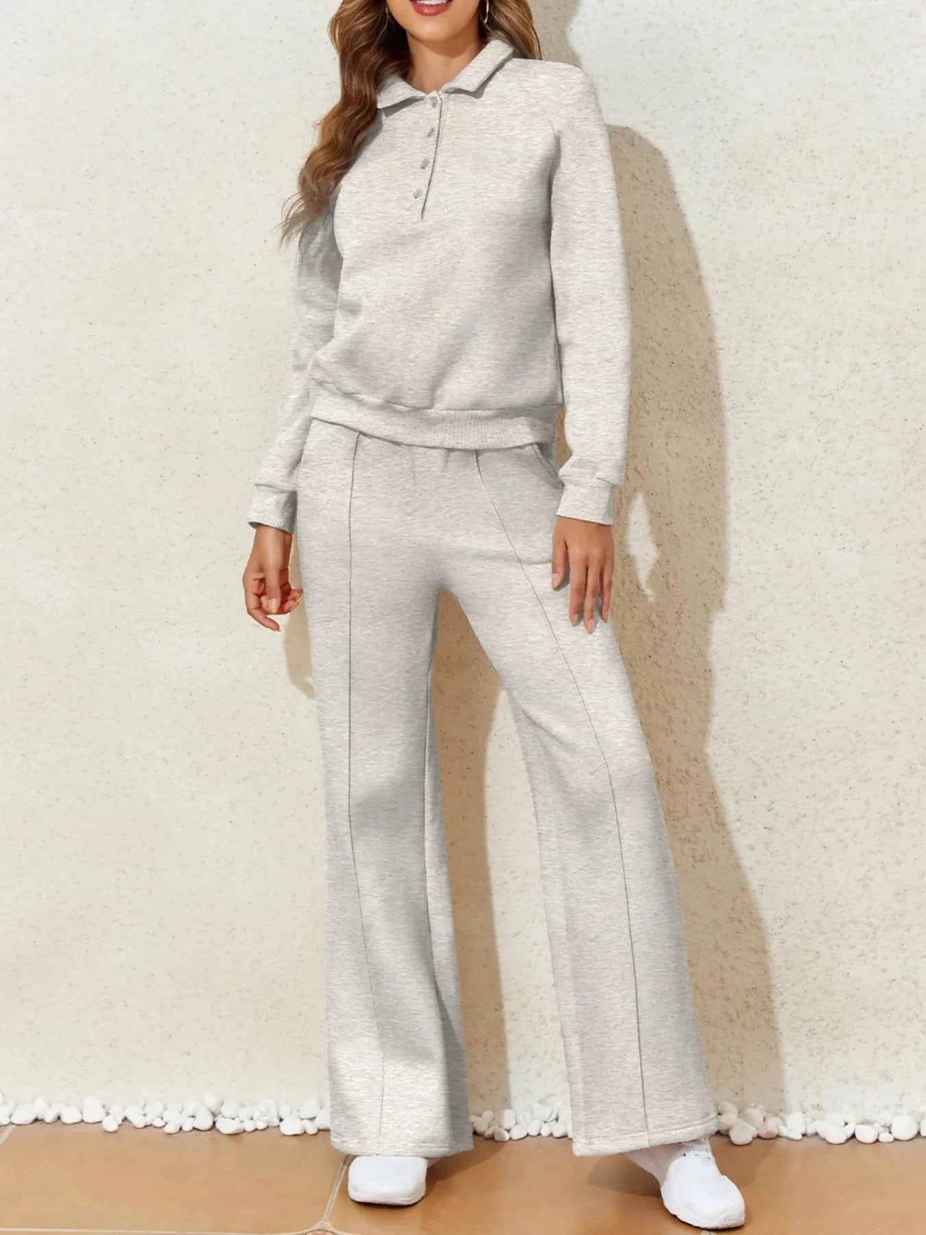Collared Sweatshirt and High Waist Pants Active Set - ShalayeFashion
