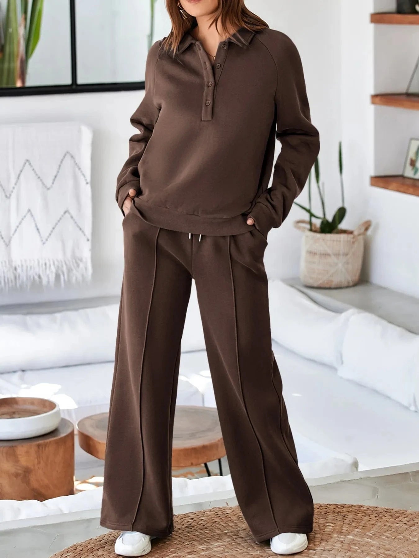 Collared Sweatshirt and High Waist Pants Active Set - ShalayeFashion
