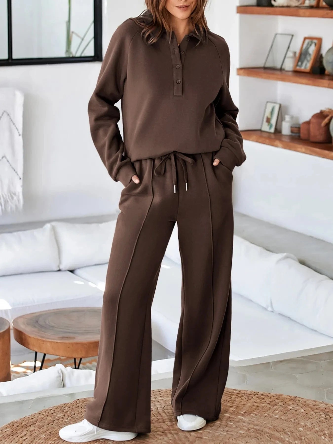 Collared Sweatshirt and High Waist Pants Active Set - ShalayeFashion