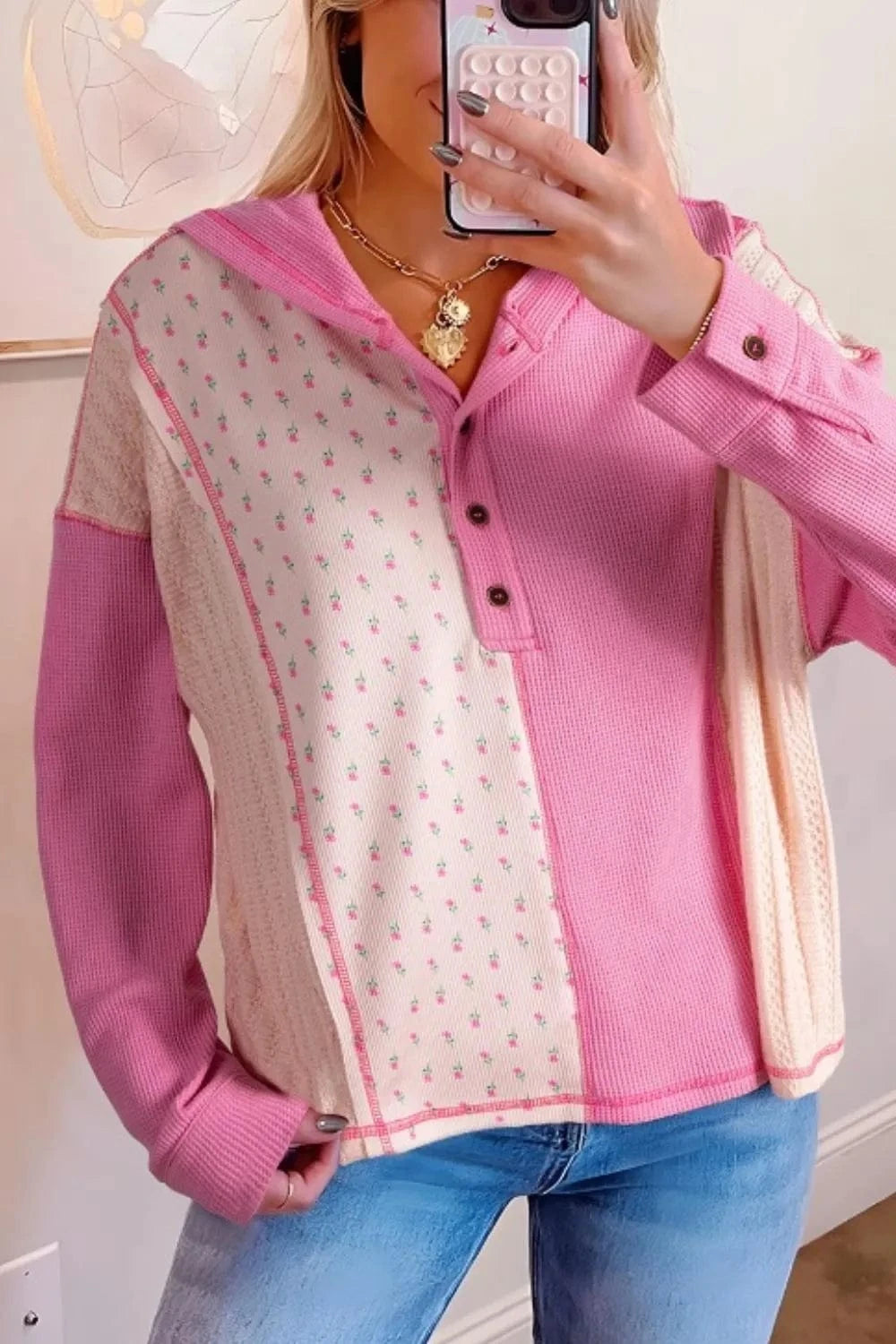 Color Block Button Detail Hoodie - ShalayeFashion