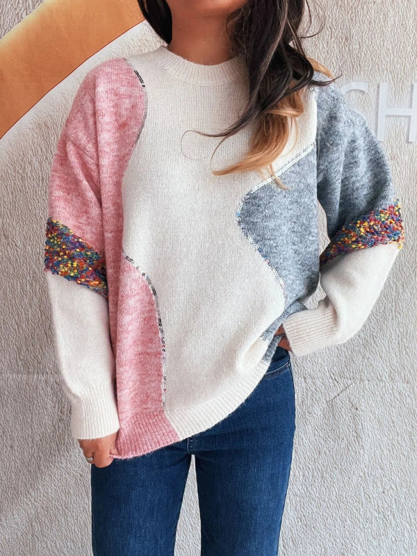 Color Block Dropped Shoulder Sweater - ShalayeFashion