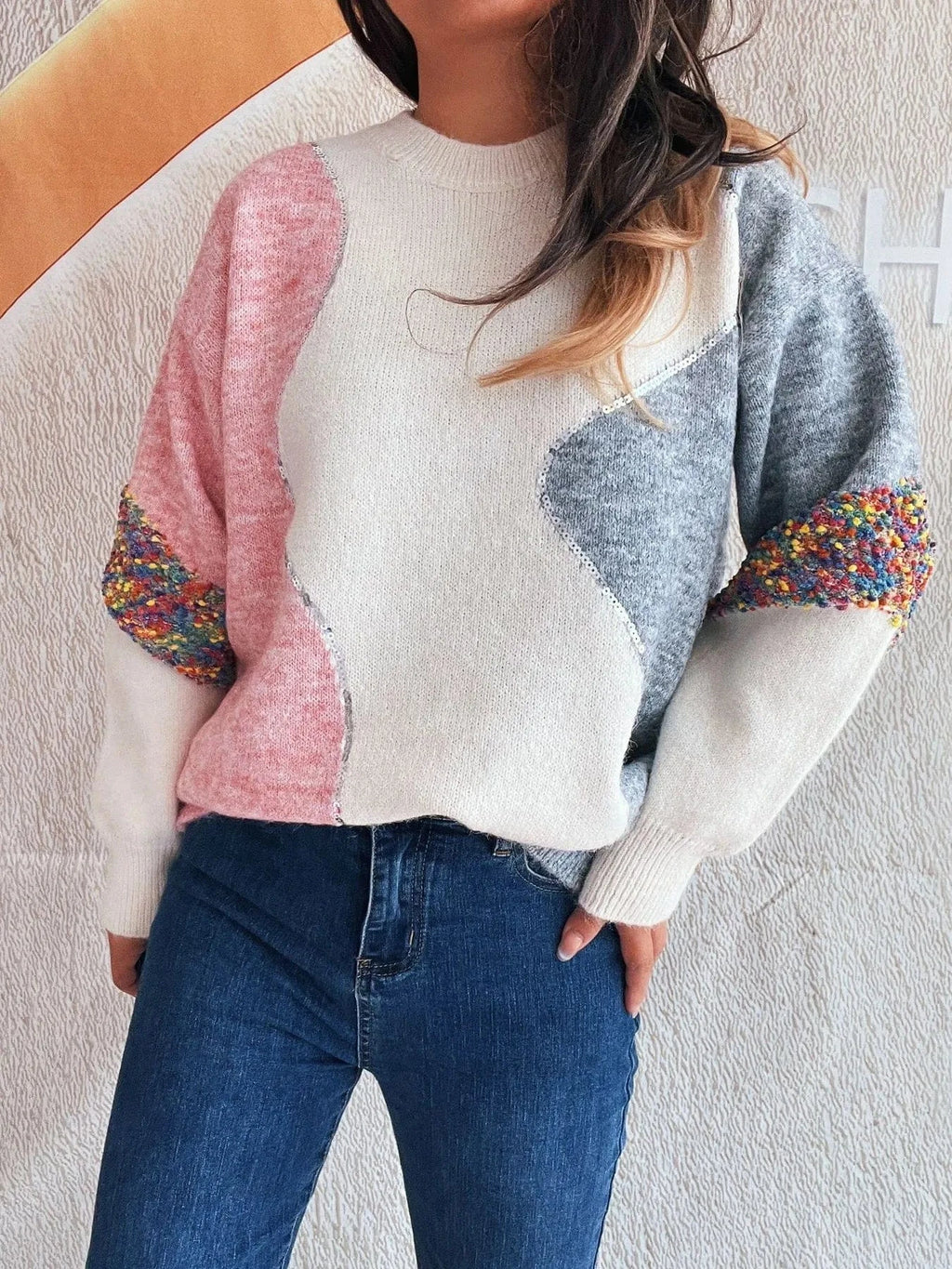 Color Block Dropped Shoulder Sweater - ShalayeFashion