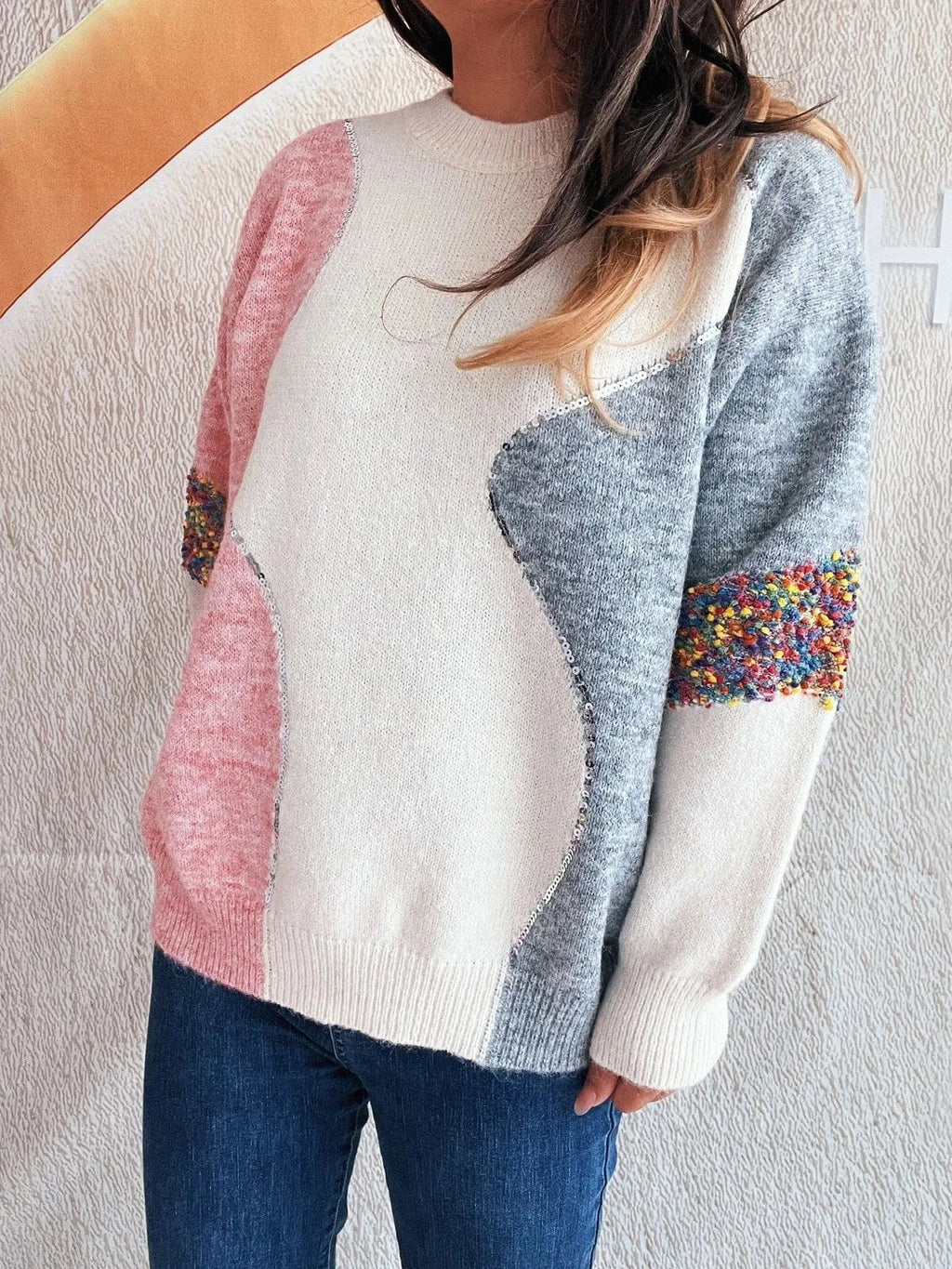 Color Block Dropped Shoulder Sweater - ShalayeFashion