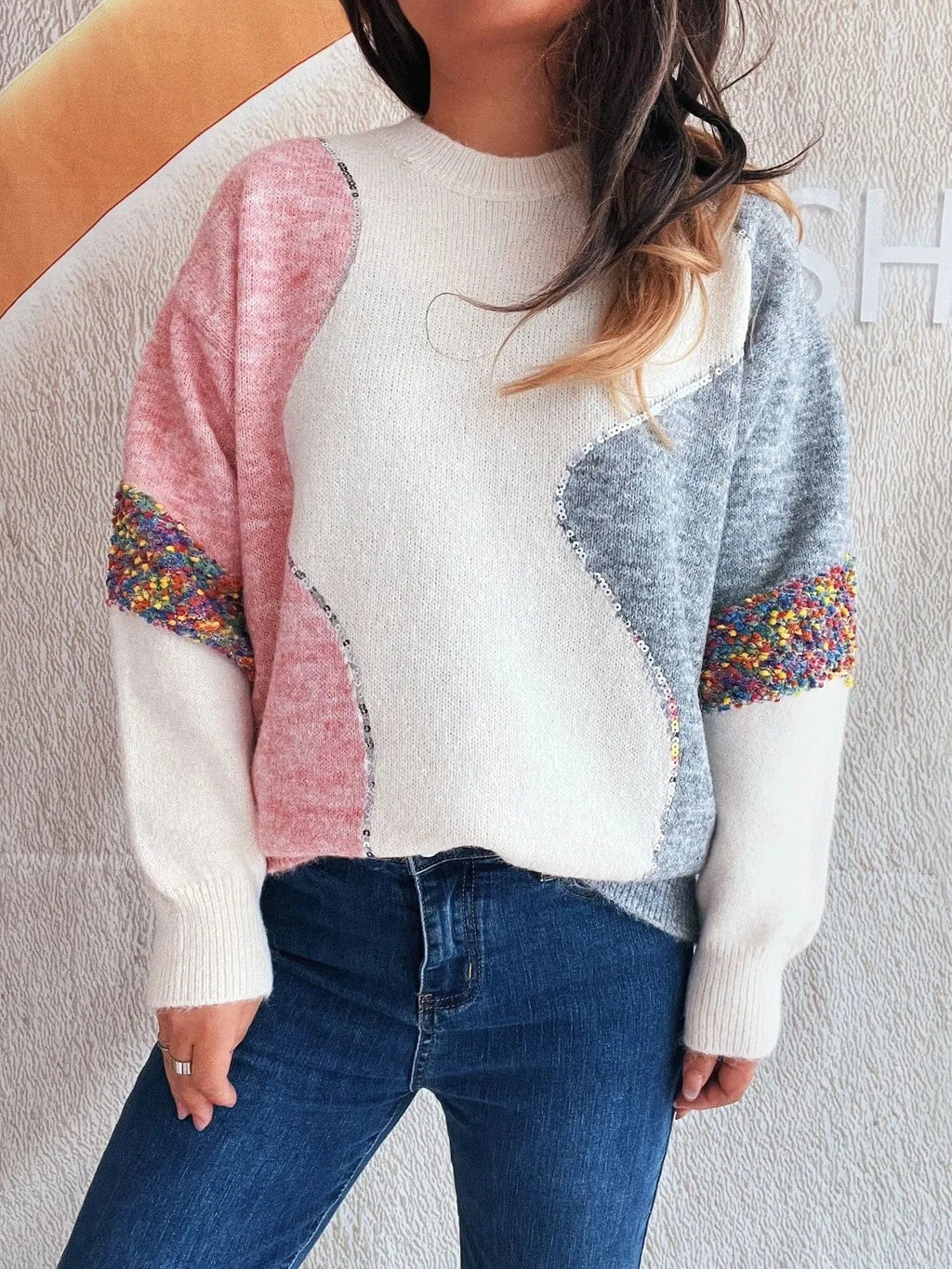 Color Block Dropped Shoulder Sweater - ShalayeFashion