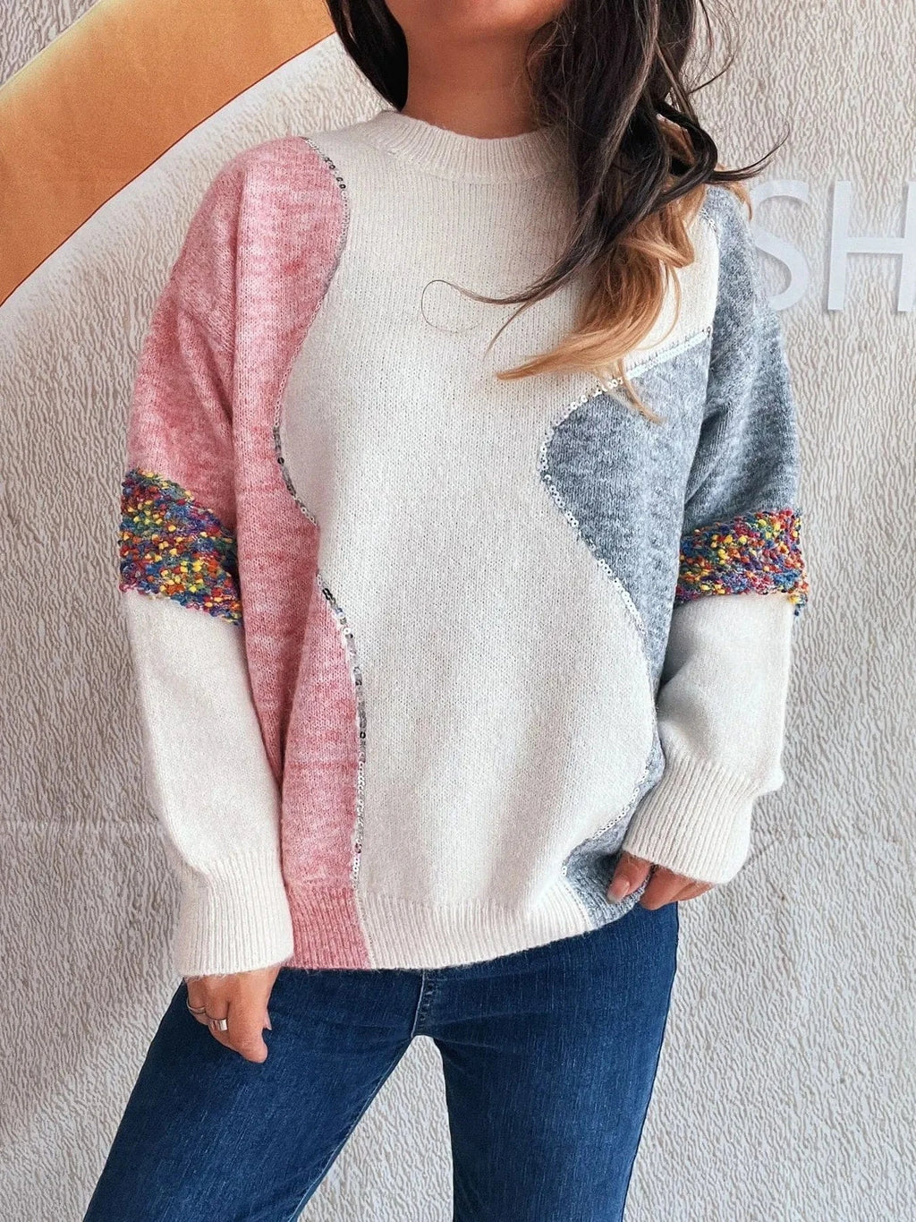 Color Block Dropped Shoulder Sweater - ShalayeFashion