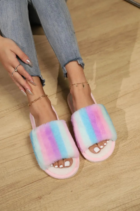 Color Block Open Toe Faux Fur PVC Slippers - ShalayeFashion