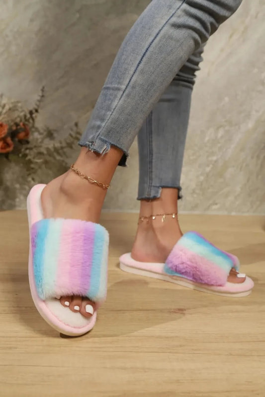 Color Block Open Toe Faux Fur PVC Slippers - ShalayeFashion