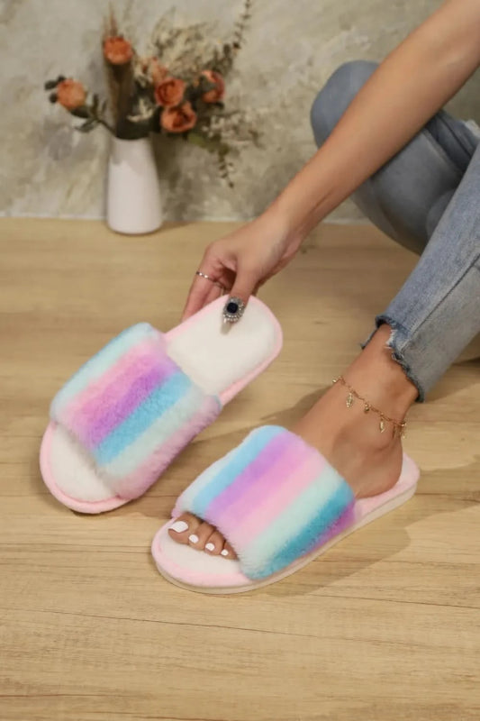 Color Block Open Toe Faux Fur PVC Slippers - ShalayeFashion