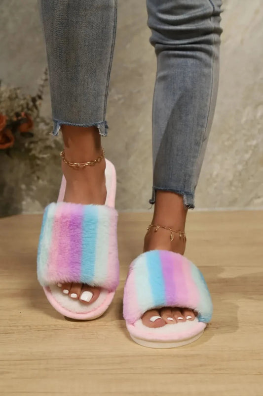 Color Block Open Toe Faux Fur PVC Slippers - ShalayeFashion