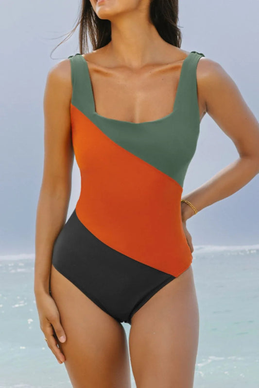 Color Block Padded Square Neck One Piece Swimsuit - ShalayeFashion