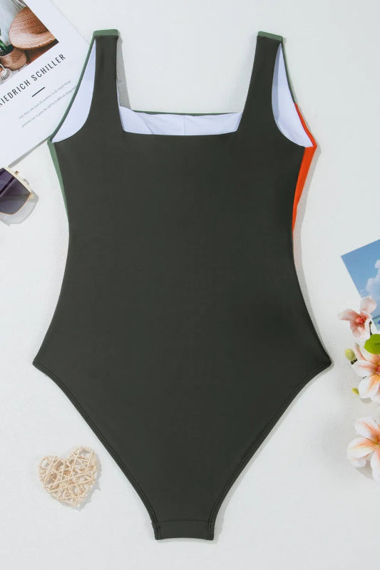 Color Block Padded Square Neck One Piece Swimsuit - ShalayeFashion