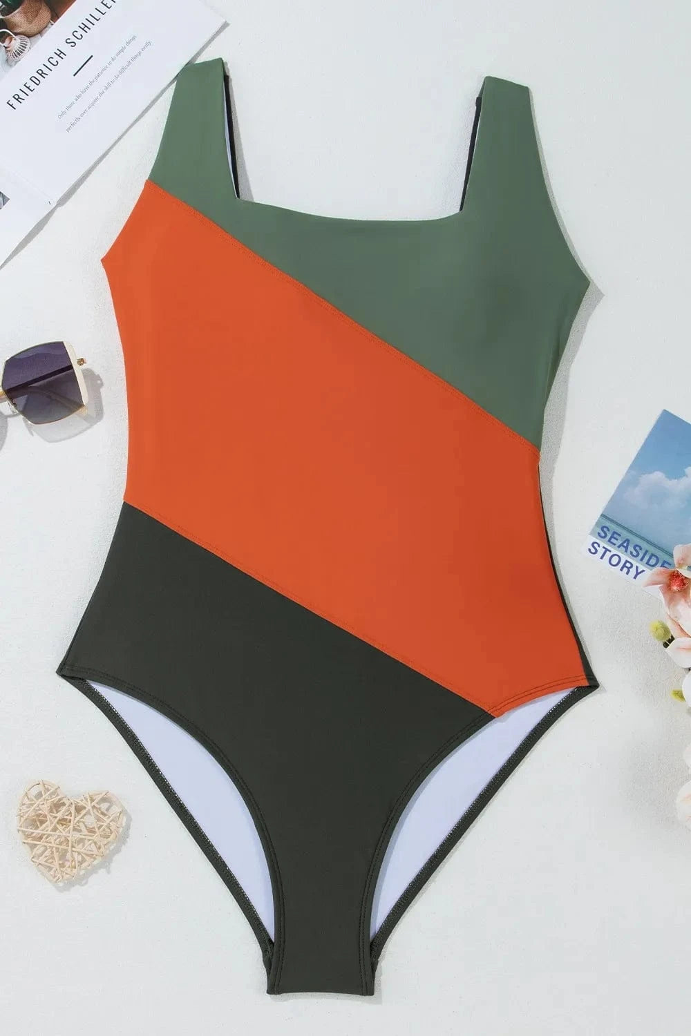 Color Block Padded Square Neck One Piece Swimsuit - ShalayeFashion
