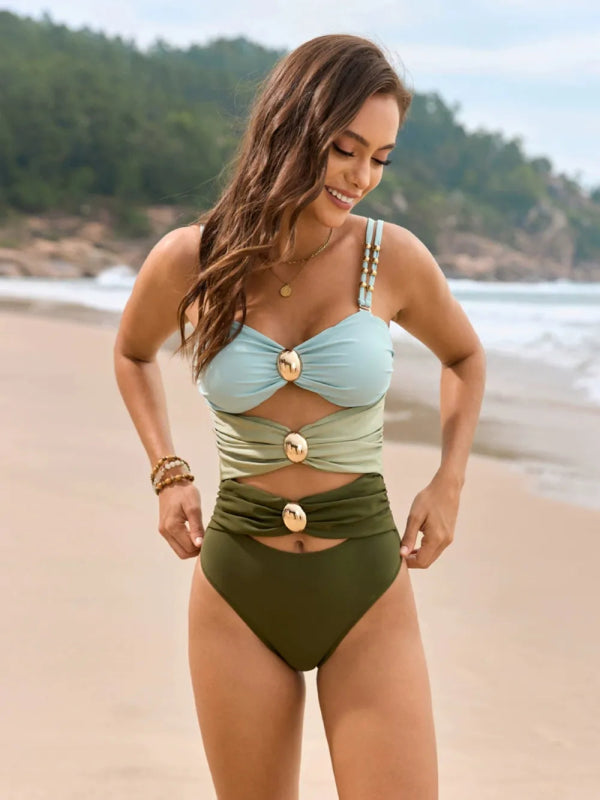 Color Block Sweetheart Neck One - Piece Swimwear - ShalayeFashion