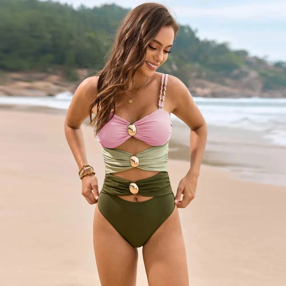 Color Block Sweetheart Neck One - Piece Swimwear - ShalayeFashion