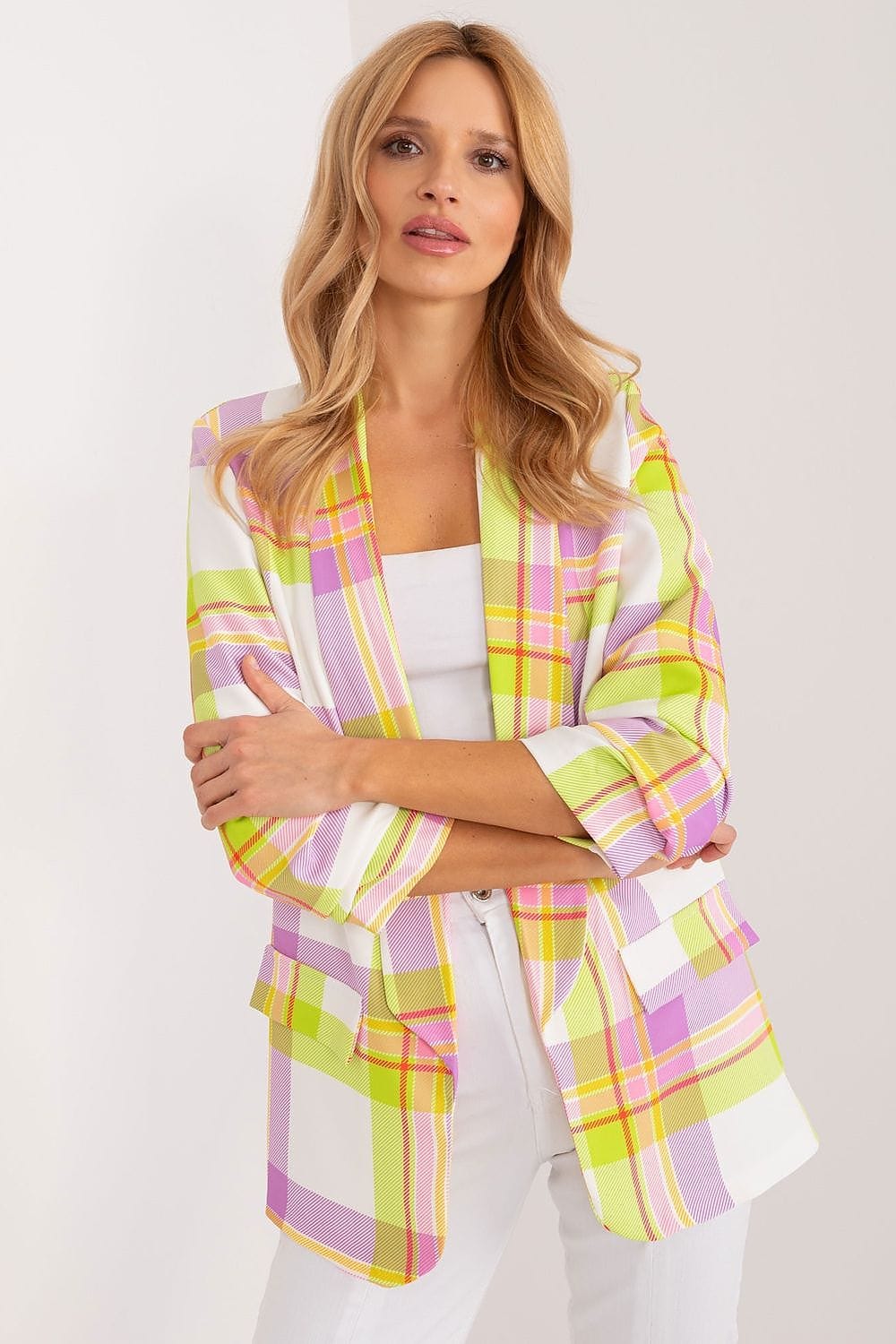 Colorful Check Blazer Lined Lapels - ShalayeFashion