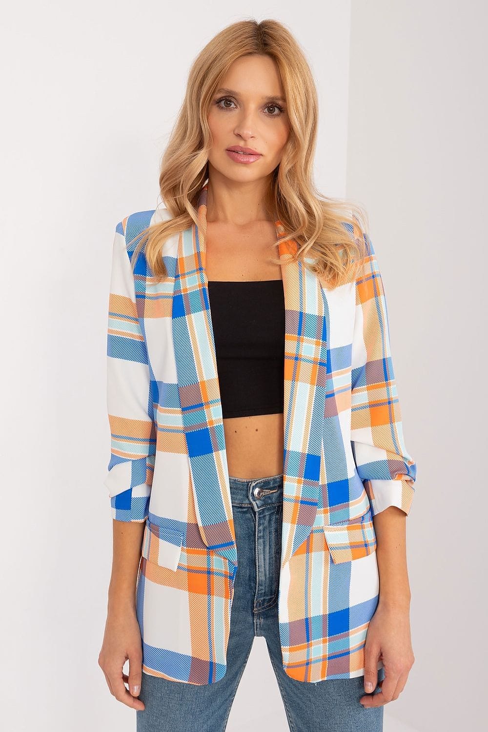 Colorful Check Blazer Lined Lapels - ShalayeFashion