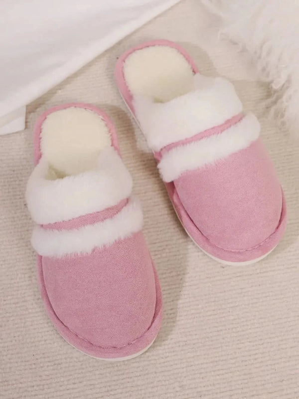 Contrast Faux Fur Round Toe Slippers - ShalayeFashion
