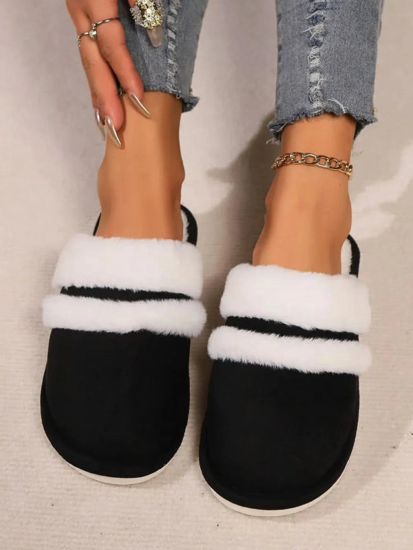 Contrast Faux Fur Round Toe Slippers - ShalayeFashion