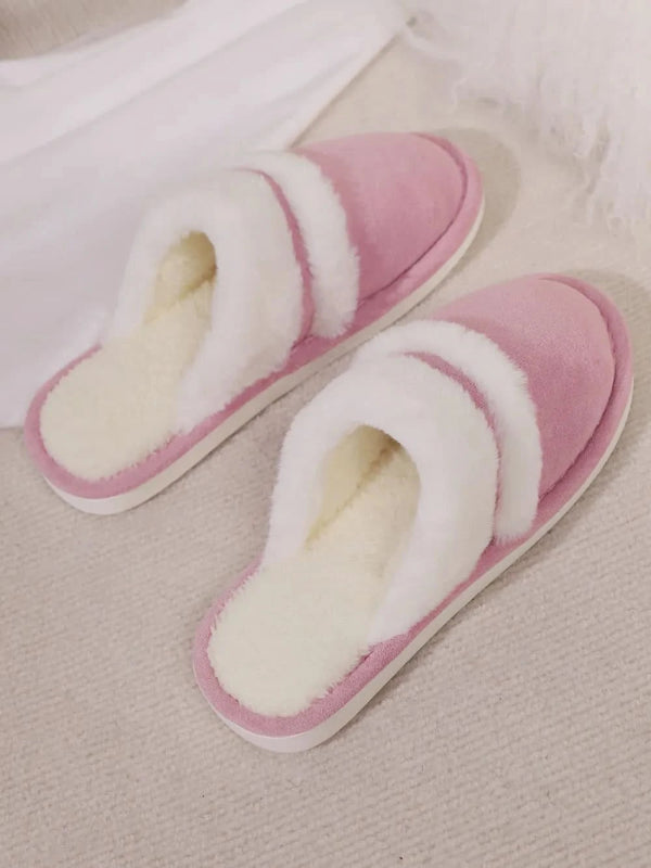 Contrast Faux Fur Round Toe Slippers - ShalayeFashion