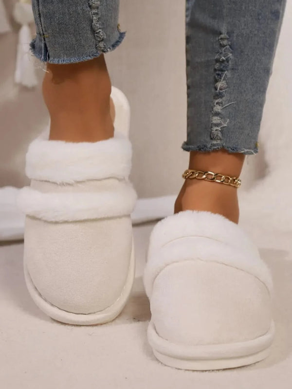 Contrast Faux Fur Round Toe Slippers - ShalayeFashion