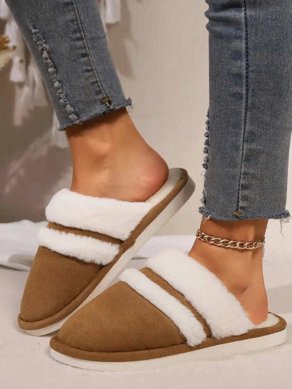 Contrast Faux Fur Round Toe Slippers - ShalayeFashion