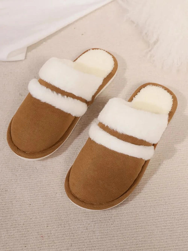 Contrast Faux Fur Round Toe Slippers - ShalayeFashion