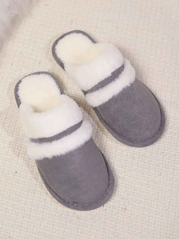 Contrast Faux Fur Round Toe Slippers - ShalayeFashion