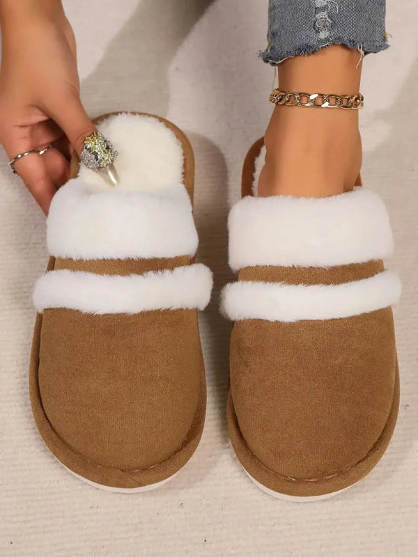 Contrast Faux Fur Round Toe Slippers - ShalayeFashion