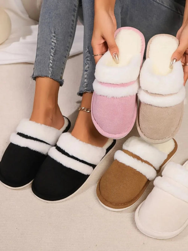 Contrast Faux Fur Round Toe Slippers - ShalayeFashion