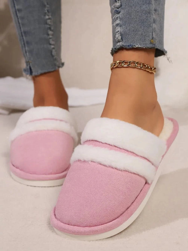 Contrast Faux Fur Round Toe Slippers - ShalayeFashion