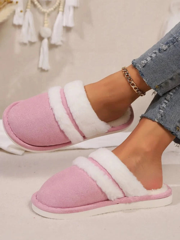 Contrast Faux Fur Round Toe Slippers - ShalayeFashion