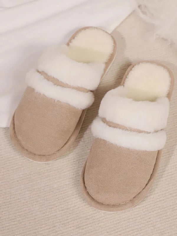 Contrast Faux Fur Round Toe Slippers - ShalayeFashion