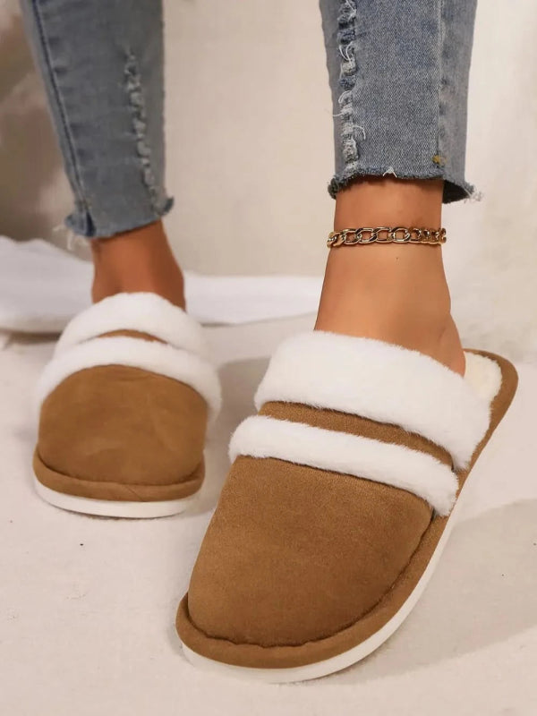 Contrast Faux Fur Round Toe Slippers - ShalayeFashion