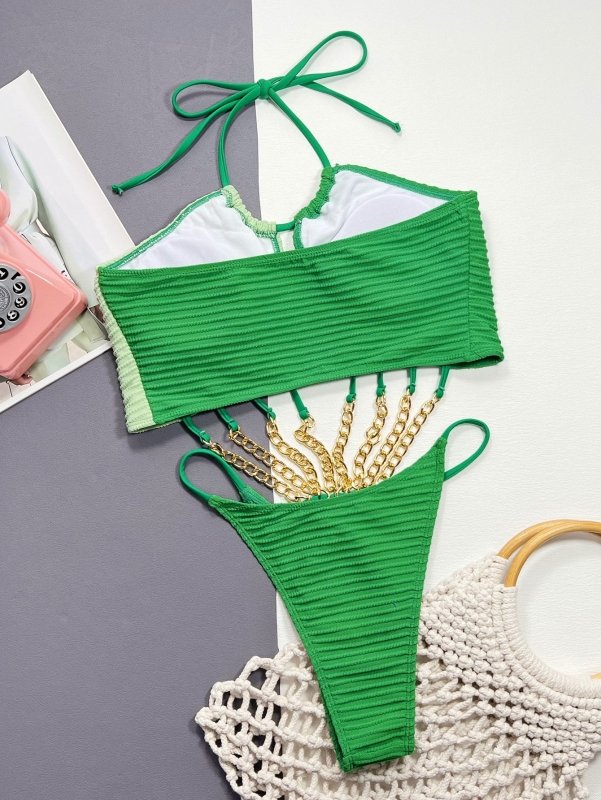 Contrast Halter Neck Chain Detail One - Piece Swimsuit - ShalayeFashion