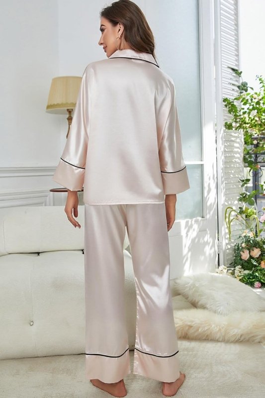 Contrast Piping Button - Up Top and Pants Pajama Set - ShalayeFashion