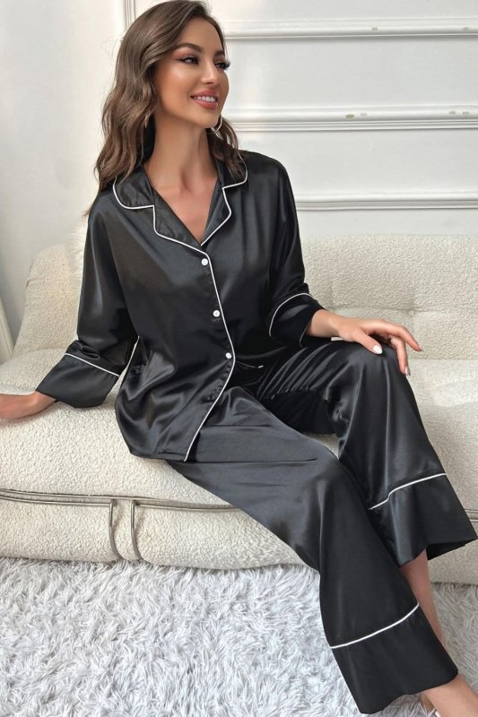 Contrast Piping Button - Up Top and Pants Pajama Set - ShalayeFashion