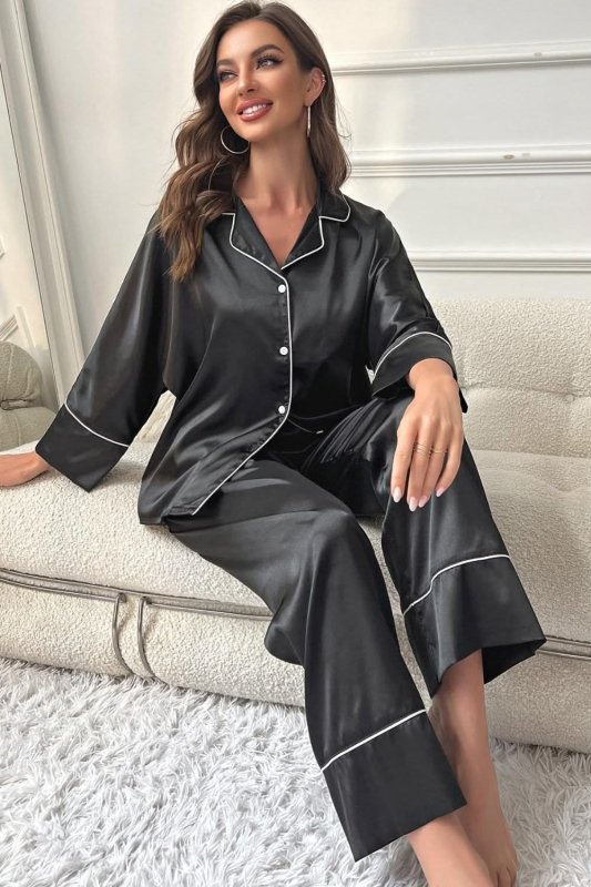 Contrast Piping Button - Up Top and Pants Pajama Set - ShalayeFashion