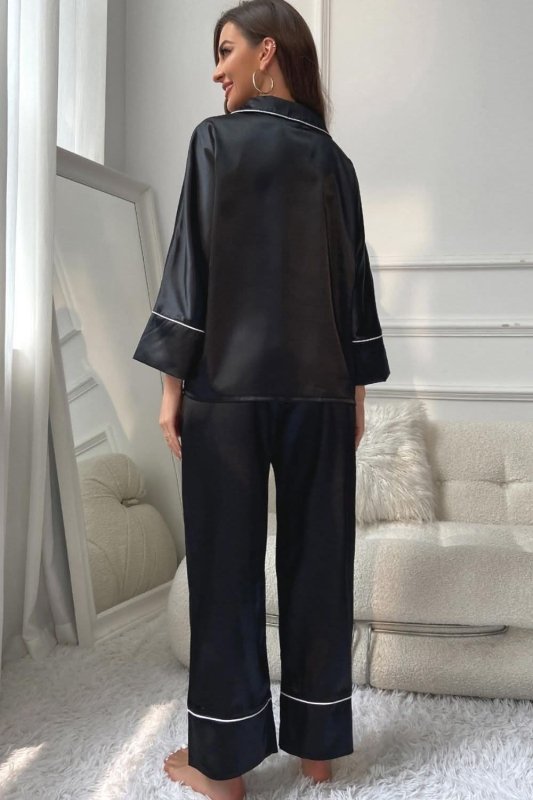 Contrast Piping Button - Up Top and Pants Pajama Set - ShalayeFashion