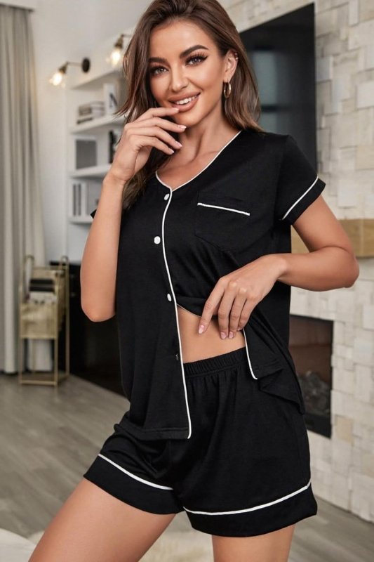 Contrast Piping Button - Up Top and Shorts Pajama Set - ShalayeFashion