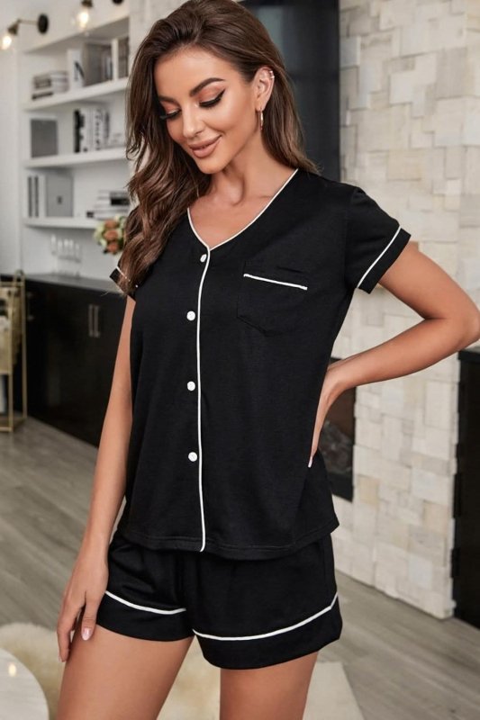 Contrast Piping Button - Up Top and Shorts Pajama Set - ShalayeFashion
