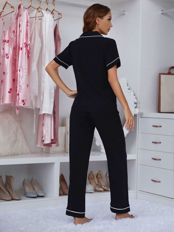 Contrast Piping Lapel Collar Short Sleeve Top and Pants Pajama Set - ShalayeFashion