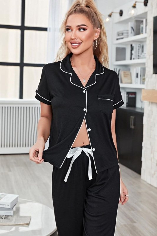 Contrast Piping Short Sleeve Top and Pants Pajama Set - ShalayeFashion