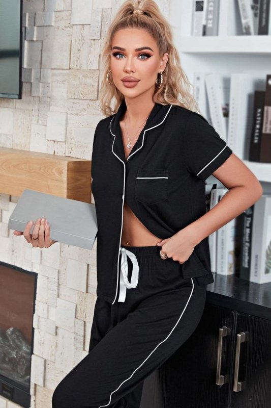 Contrast Piping Short Sleeve Top and Pants Pajama Set - ShalayeFashion